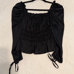 Topshop Black Smocked Peasant Blouse with Tie Cuffs